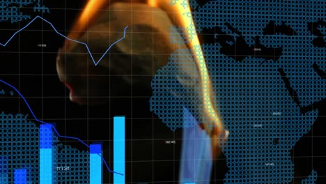 Animation-of-financial-data-processing-and-world-map-over-banknote-burning-on-black-background