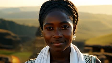 a young black woman with braids smiles at the camera as she stands in front of a golden sunset