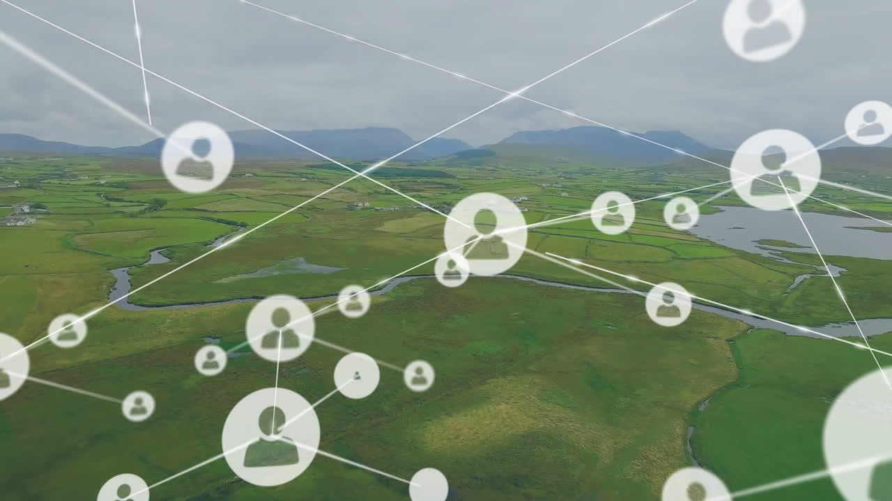 풍경 위의 아이콘으로 연결된 네트워크의 애니메이션