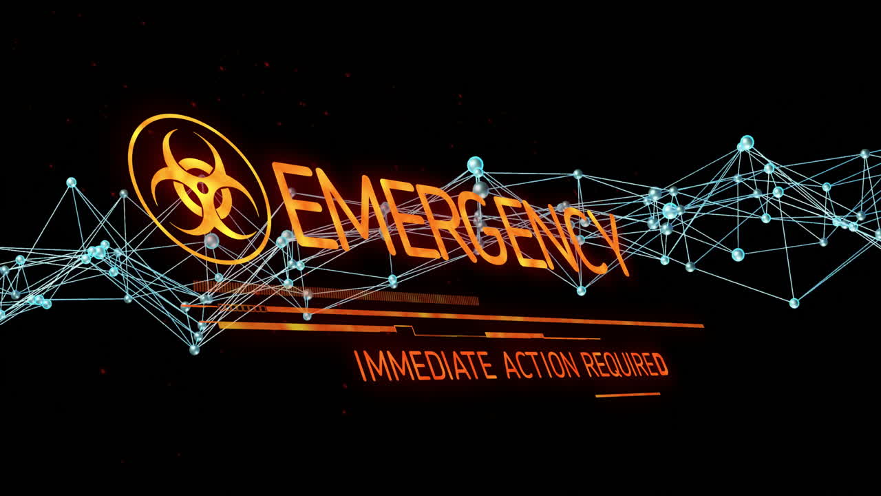 Displaying neon?orange emergency graphic glowing on dark UI, showing biohazard and data?web nodes
