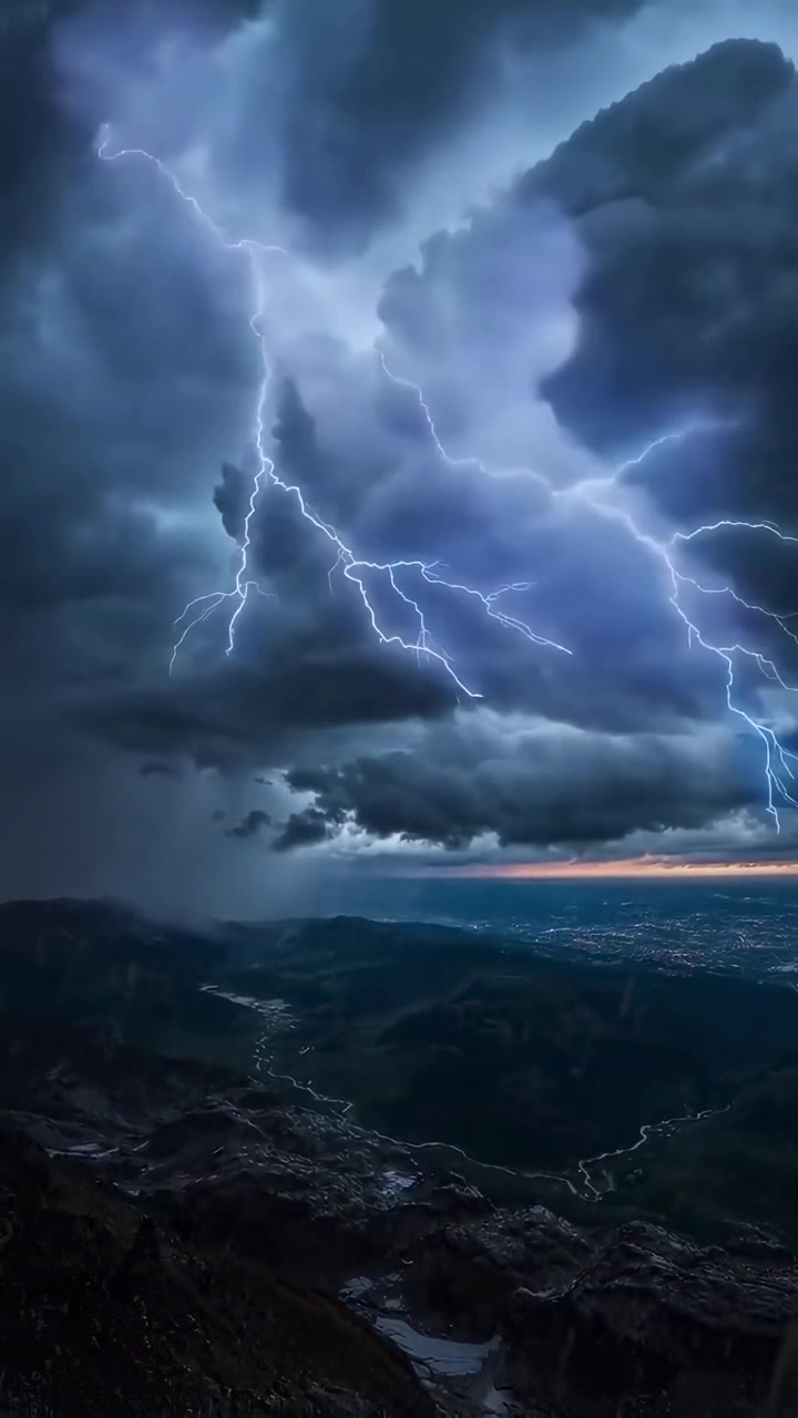 Spettacolare tempesta di fulmini su una valle di montagna al crepuscolo