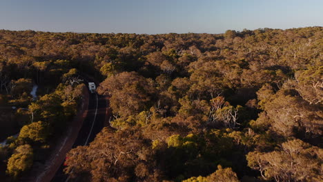 Caravan,-RV-is-traveling-in-the-middle-of-an-autumn-forest-in-Australia