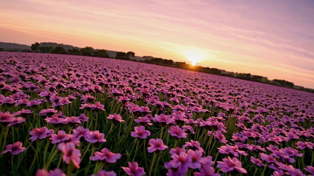Campo Vibrante de Flores Rosas ao Pôr do Sol