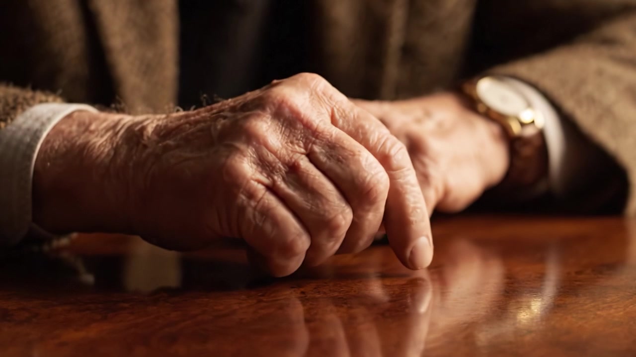 Un momento di riflessione: Mani anziane che riposano su una superficie di legno, catturando l'essenza del tempo, della memoria e dell'esperienza in un'illuminazione soffusa.