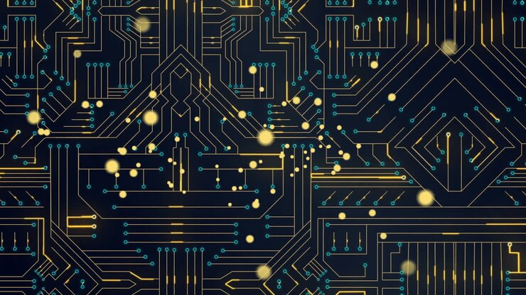 Animation of data processing on glowing computer circuit board