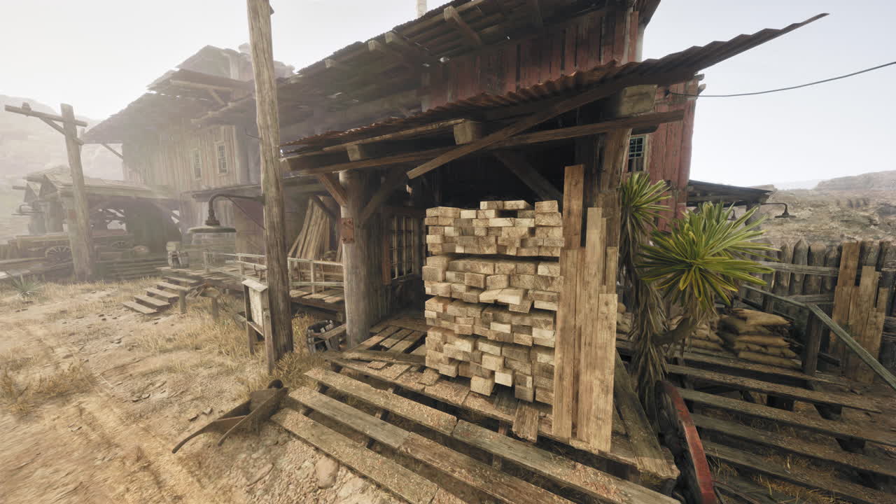 황폐 한 사막 에 있는 버려진 목재 공장