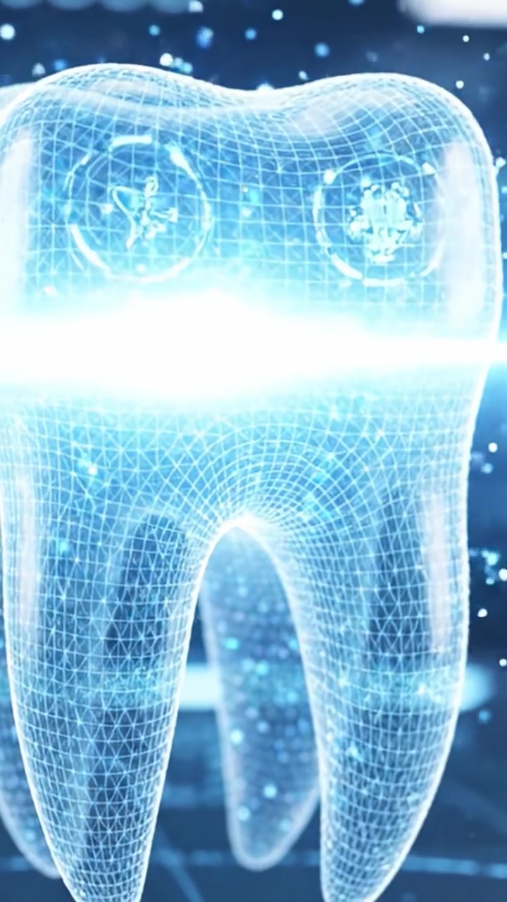 A Futuristic Representation of a Tooth: Exploring the Intersection of Dental Health and Technology with a Digital Glass-Etched Tooth Set Against a High-Tech Background