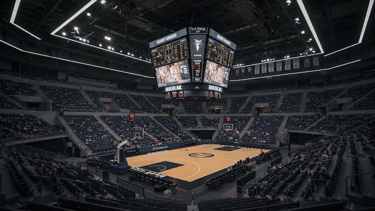 A Dramatic Overview of the Empty Basketball Arena Showcasing the Spectacular Scoreboard and Court Layout in an Immaculate Indoor Sports Venue