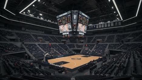a dramatic overview of the empty basketball arena showcasing the spectacular scoreboard and court layout in an immaculate indoor sports venue