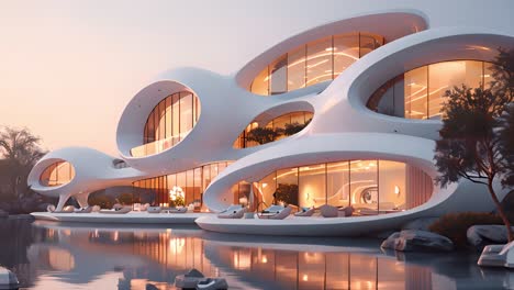 futuristic organic architecture on waterfront at sunset