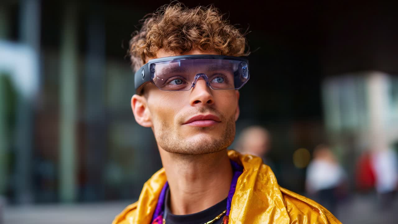 A young man in a stylish golden jacket and innovative eyewear confidently gazes upwards, embodying a modern, tech-savvy persona amidst a bustling urban backdrop