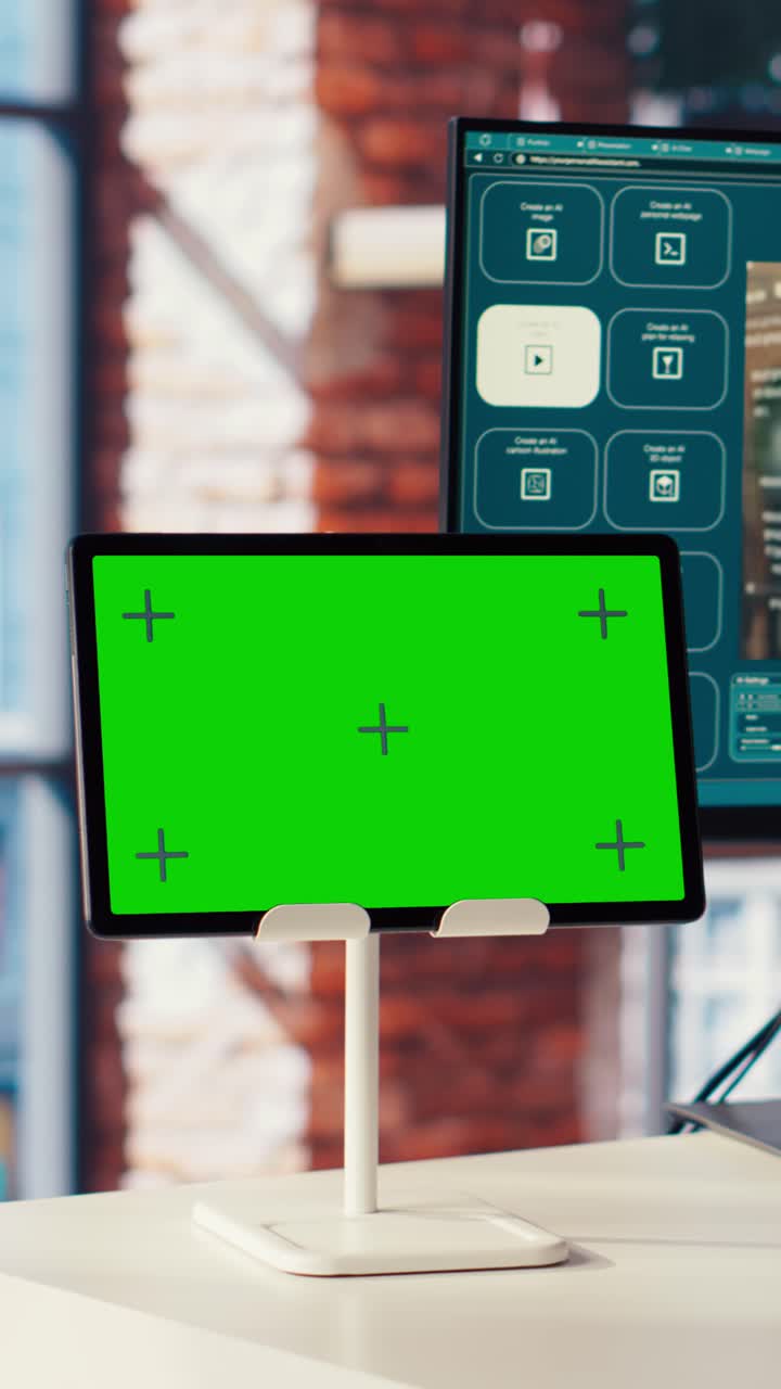 Vertical video Man using text to video generative models on computer and chroma key tablet