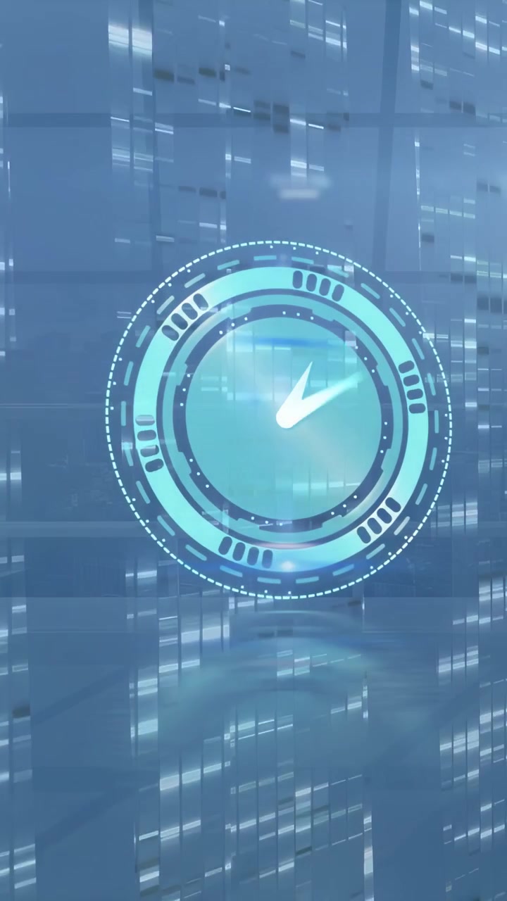 Video verticale: Mezzo orologio che mostra un HUD tecnologico con anelli di scansione e una mano che forma un disco color verde acqua per lo stato.