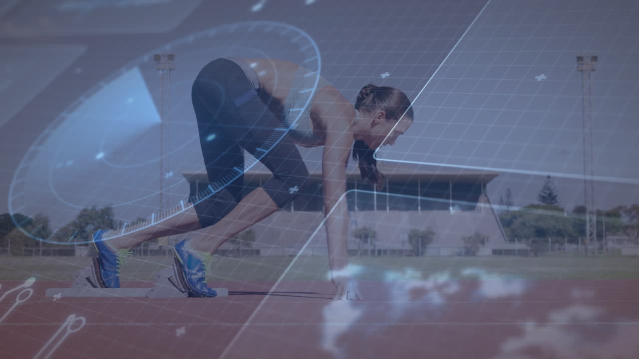 animación de datos en pantalla digital sobre una mujer caucásica preparándose para correr en el estadio