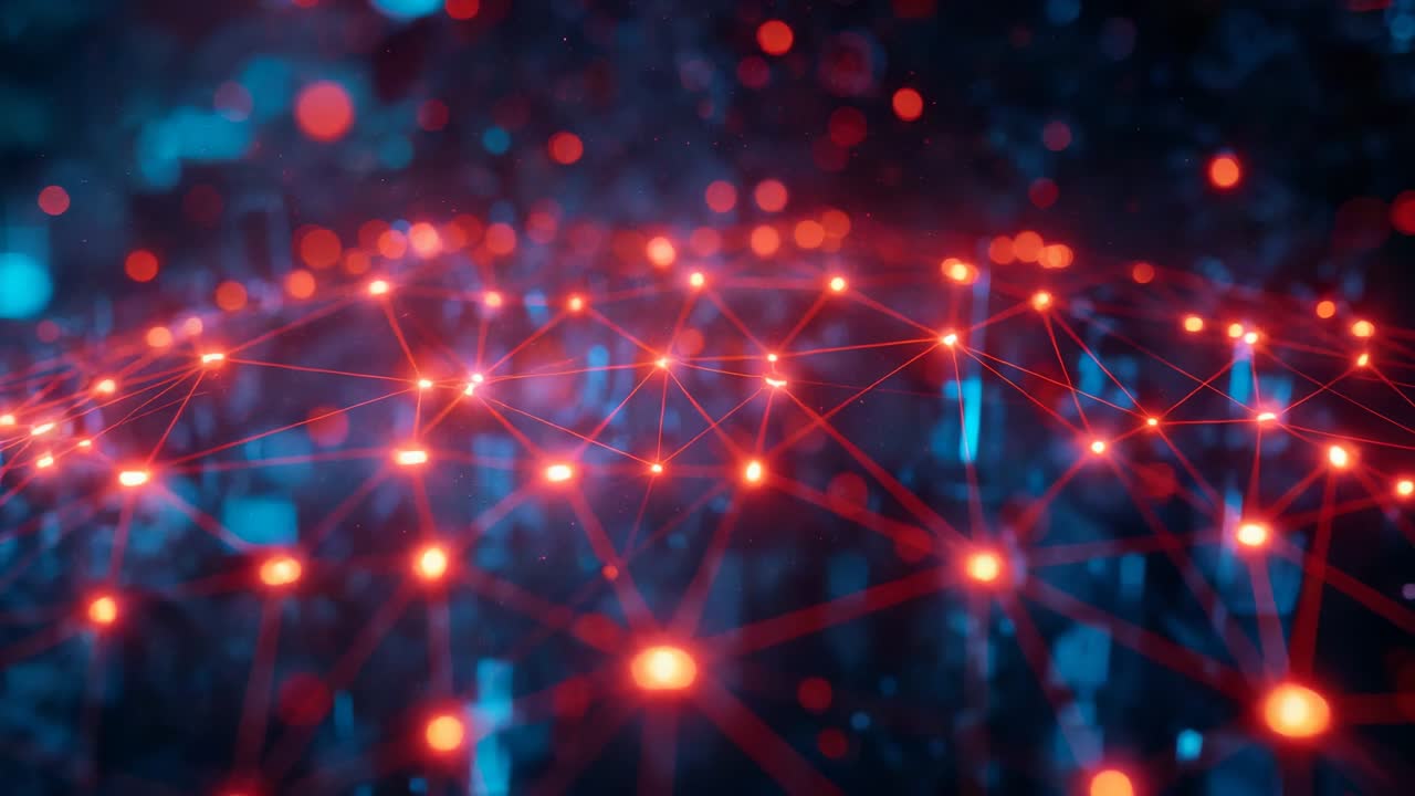 Revealing network pulsing red nodes with thin red lines amid blurred blue lights showing data flow