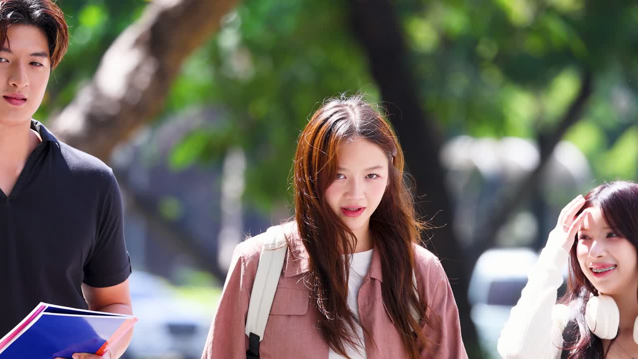 젊은 성인 학생 세 명이 책을 들고 백팩을 멘 채 화창한 공원을 걷고 있어요.