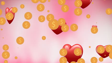 animación de iconos de corazón sobre símbolos de dólar sobre fondo rosa y blanco