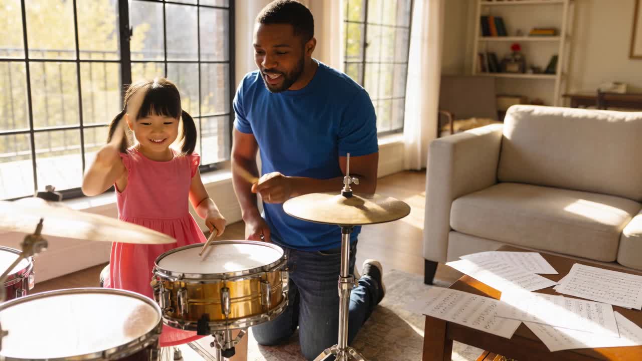 Father kneeling by drum kit guiding girl's hand, girl striking snare and cymbal gaining music skill