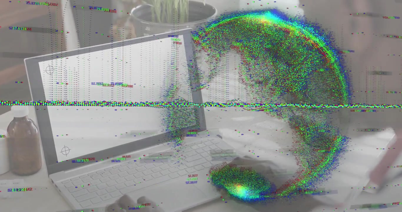 Glitch forming on laptop swirling revealing man wearing glasses gesturing before updating code
