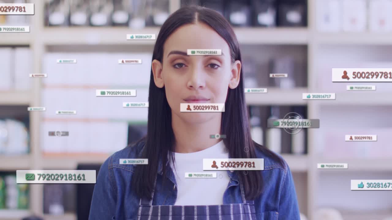 미소 짓는 백인 여성 가게 직원 위에 미디어 아이콘의 애니메이션