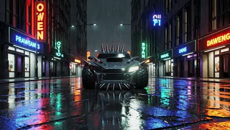 dark cyberpunk car in a rainy city street at night