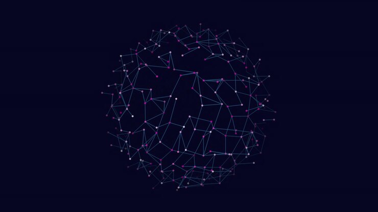 Futuristic geometric sphere with neon dots on black gradient
