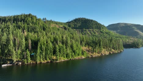 Aerial-shot-of-Spirit-Lake's-shoreline-filled-with-trees-on-a-sunny-day