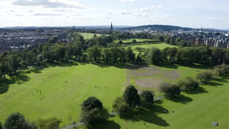 An-aerial-shot-moving-across-the-meadows-in-Edinburgh,-on-a-sunny-Summer-day