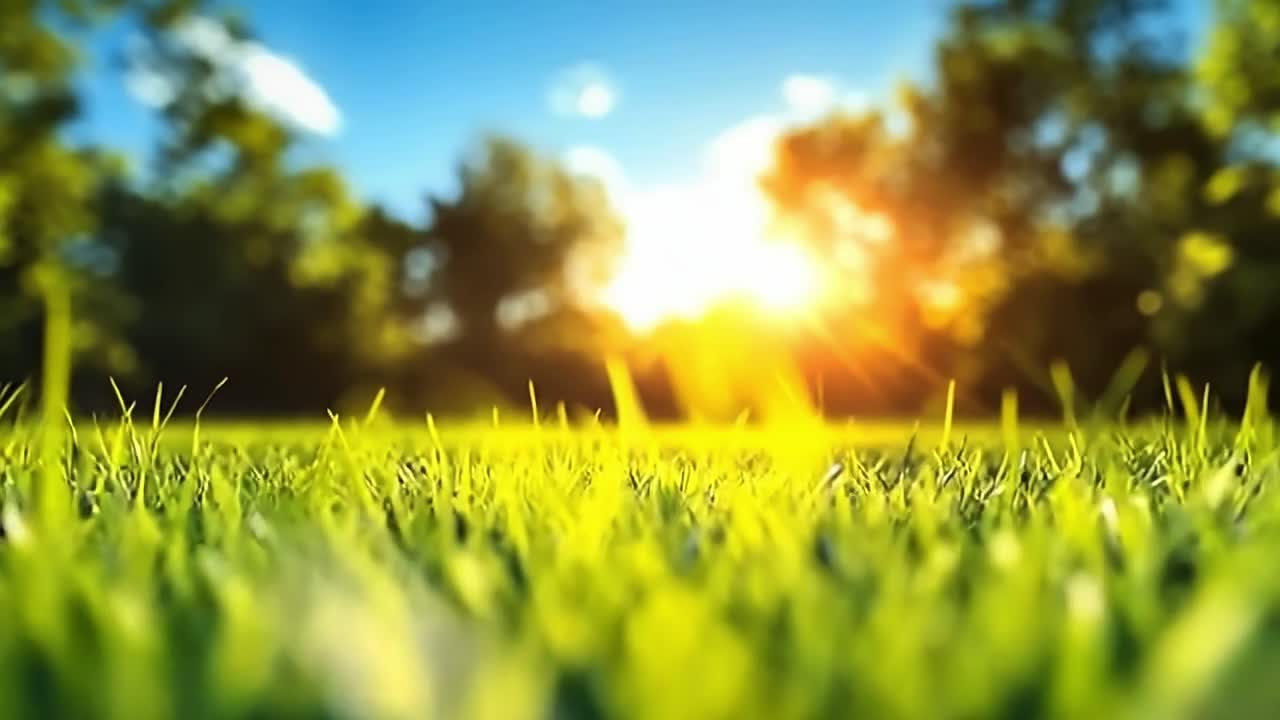 Sunlight on green grass. Sunlight filters through trees, casting a warm glow on lush green grass in an outdoor setting at dawn.