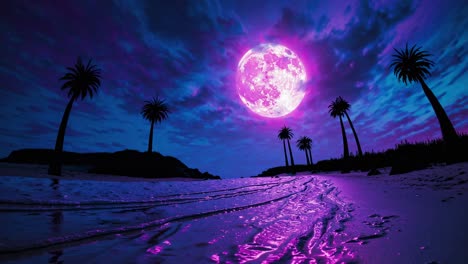 A surreal, low-angle video scene of a vibrant, neon-lit beach at night, featuring a large moon