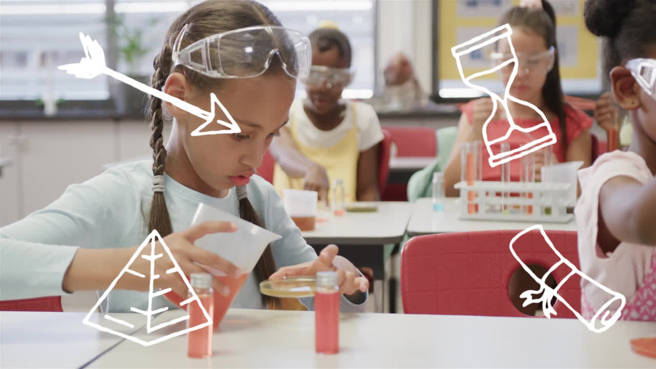 Conducting science experiments with lab equipment, children learning in classroom with animation
