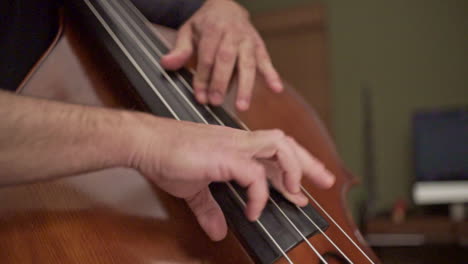imágenes de primer plano de un músico tocando un contrabajo con palmadas en los dedos