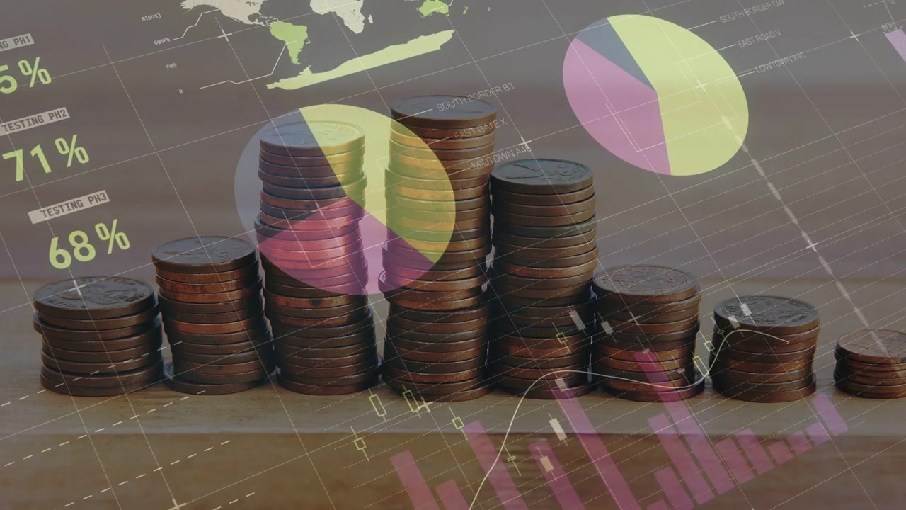 Pilas de monedas estáticas, panel de control apareciendo en la parte superior izquierda, gráficos ascendentes mostrando tendencias del mercado.