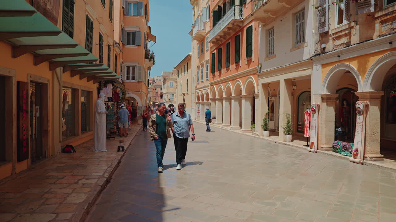 Pedestrian street in a historic European town on a sunny day