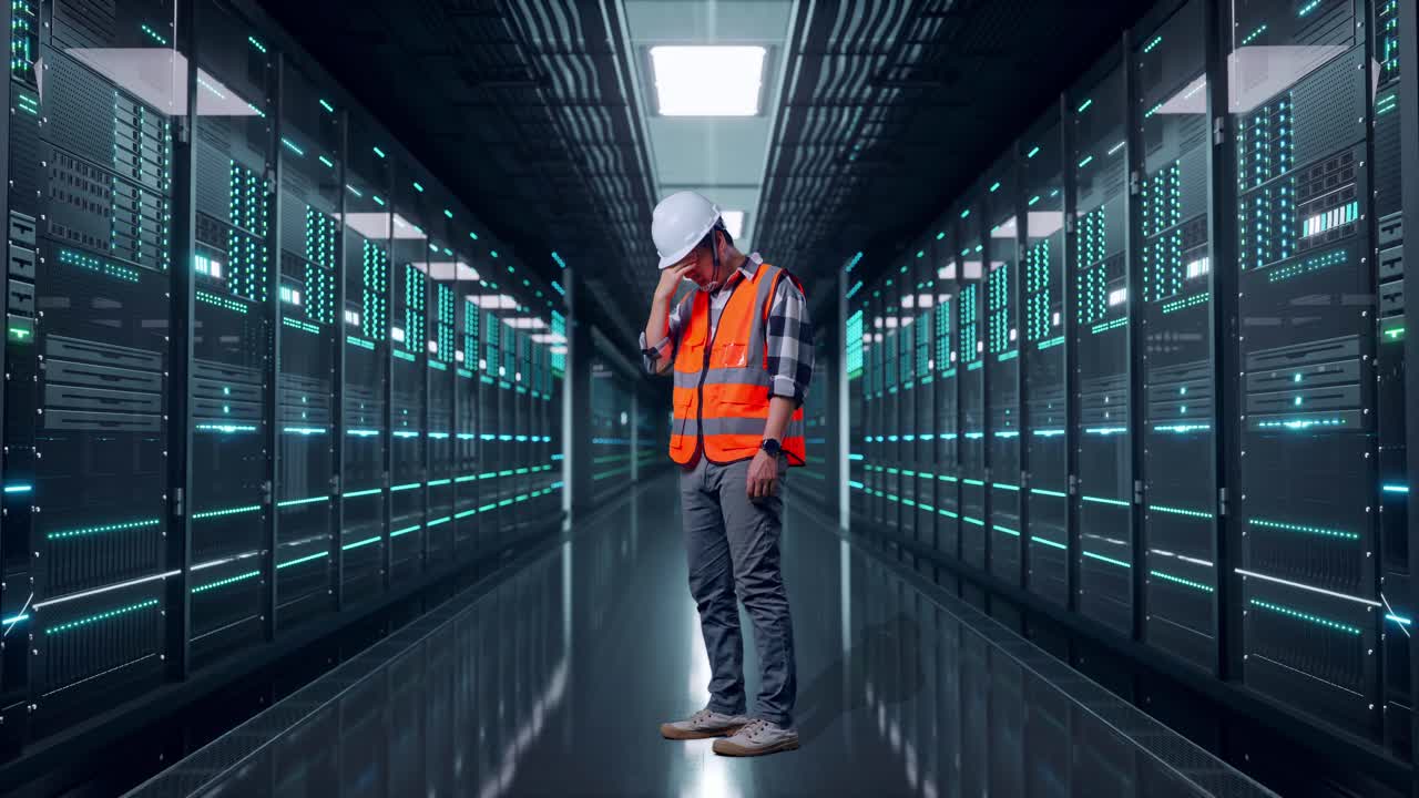 Full Body Side View Of Asian Male Engineer With Safety Helmet Having A Headache While Working in Server Room Data Center