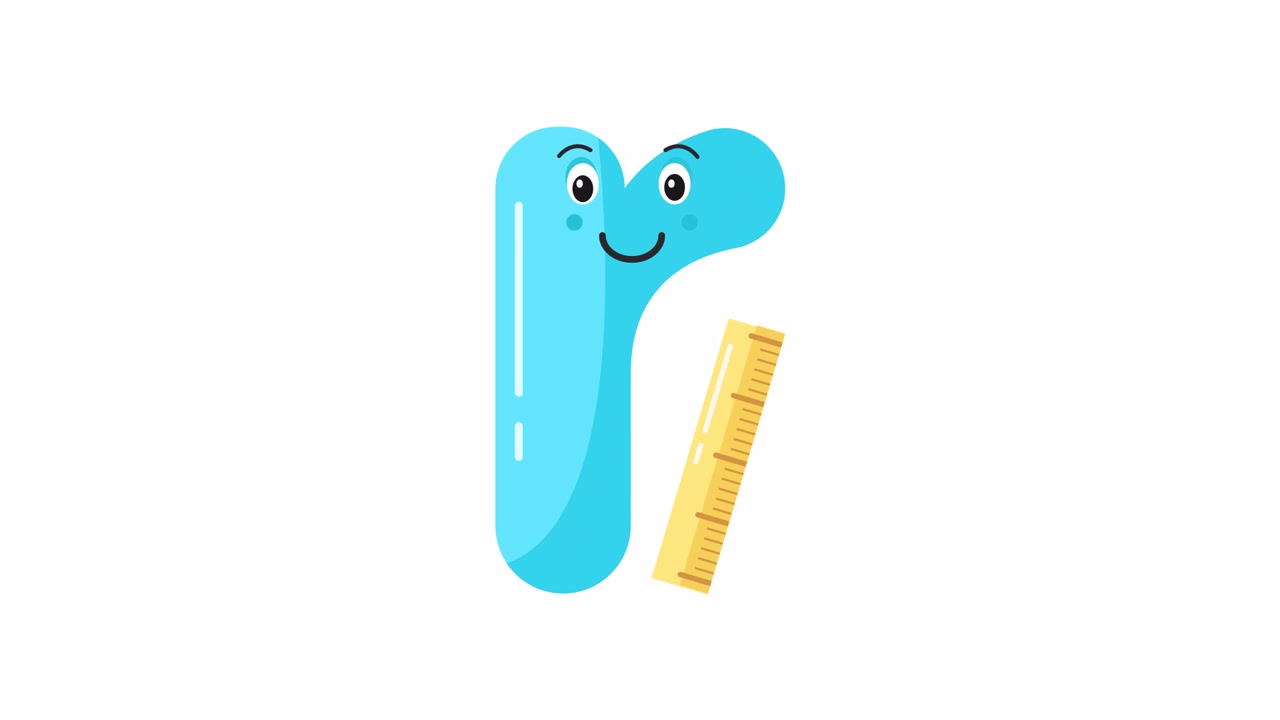 Animated Letter R Character Measuring Itself with a Ruler
