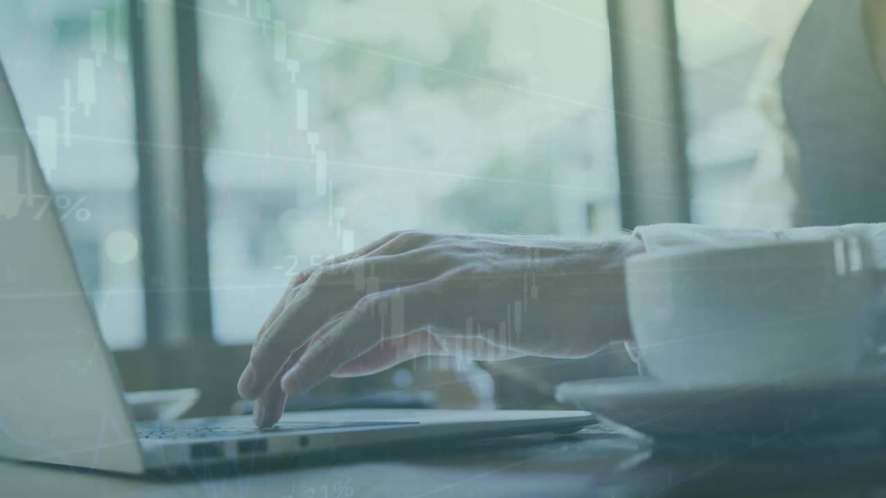 Animation of multiple graphs with changing numbers, midsection of caucasian woman working on laptop