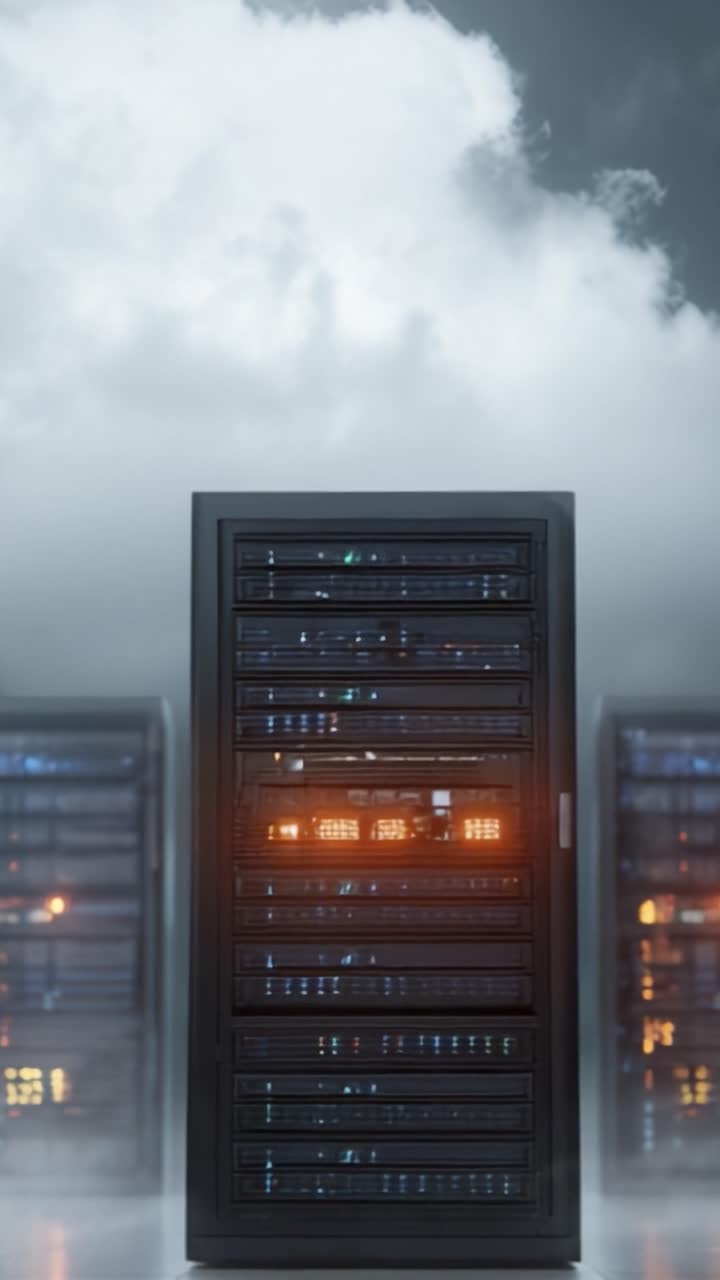 Et topmoderne datacenter: Oplyst serverrack mod en dramatisk skyfyldt baggrund, der viser avanceret teknologi og netværksforbindelse.