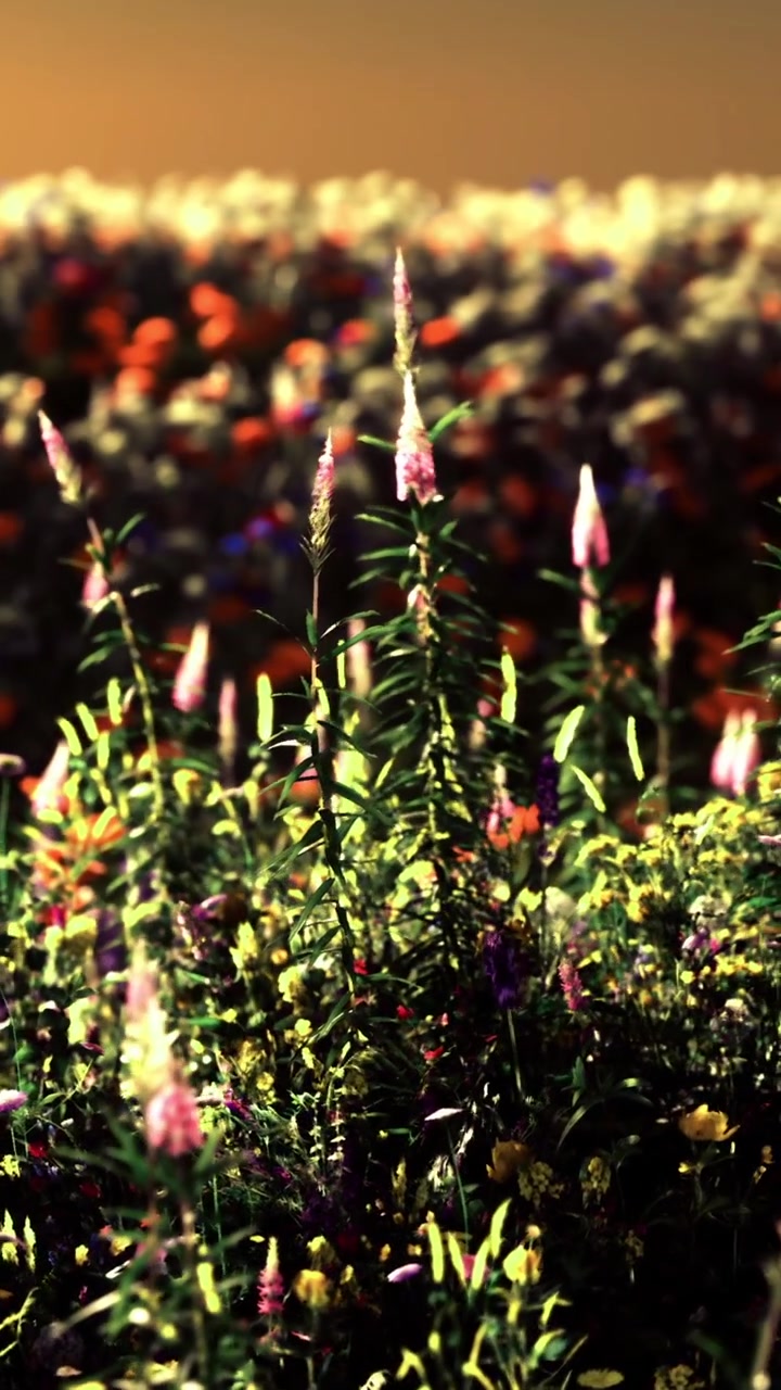 Fiori colorati sbocciano in un campo al tramonto in una zona rurale