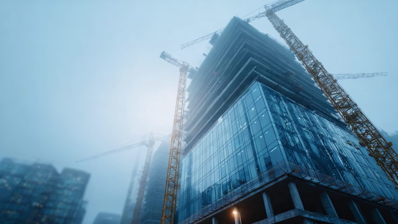 Obra de construcción moderna bajo la niebla: Imponentes estructuras de acero y grúas iluminadas en el brumoso paisaje urbano de una ciudad en desarrollo