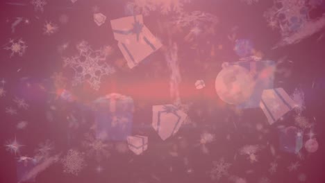 Schneeflocken,-Weihnachtskugeln-Und-Geschenksymbole-Fallen-Vor-Rotem-Hintergrund