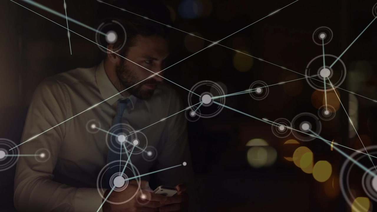Businessman tapping smartphone and spawning HUD network overlay growing over desk for data analysis