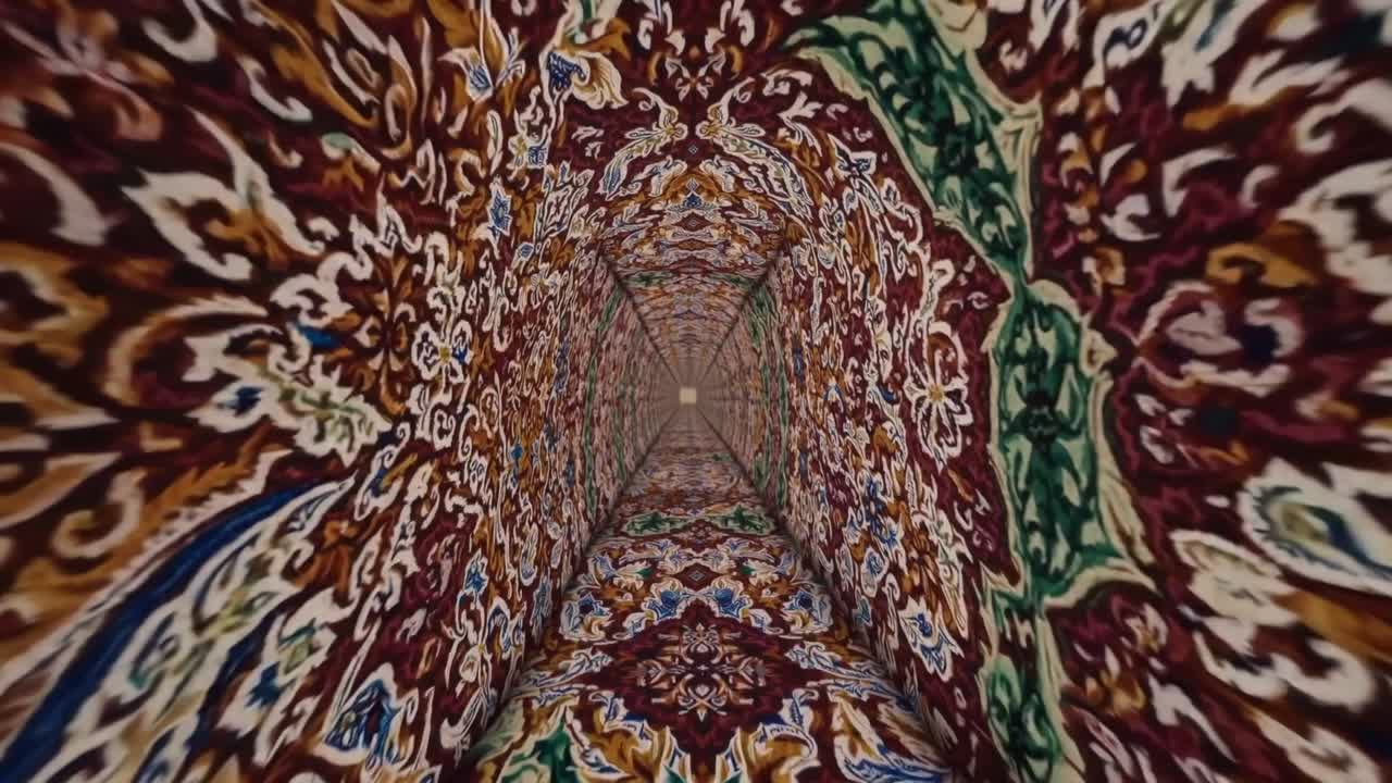 Vibrant patterned tunnel with intricate designs and rich colors, showcasing a mesmerizing visual journey through a beautifully crafted space with depth and texture