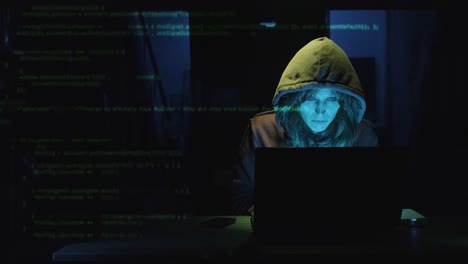 Woman Working On Laptop At The Table With Superimposed Computer Code. Cyber Attack Concept. medium shot, zoom-in
