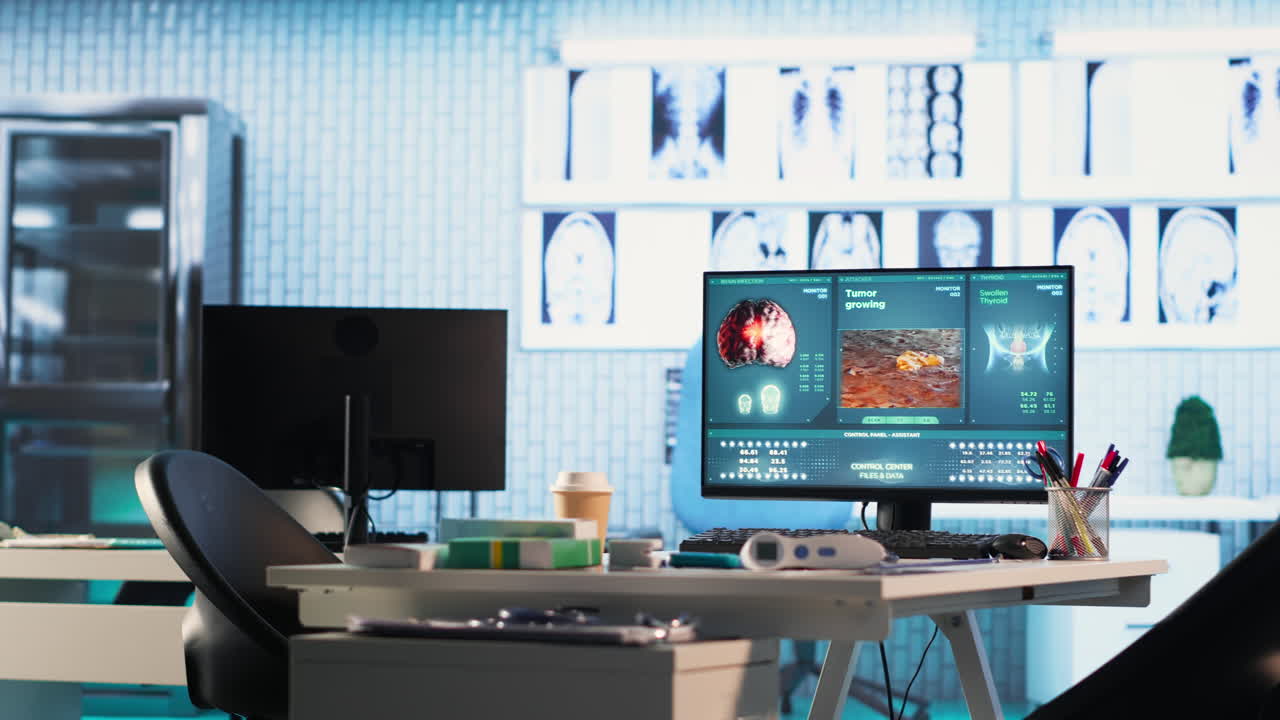 Video verticale: Studio medico vuoto attrezzato con strumenti diagnostici e monitor.