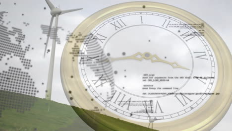 animation of fast moving hands on clock over globe and wind turbine