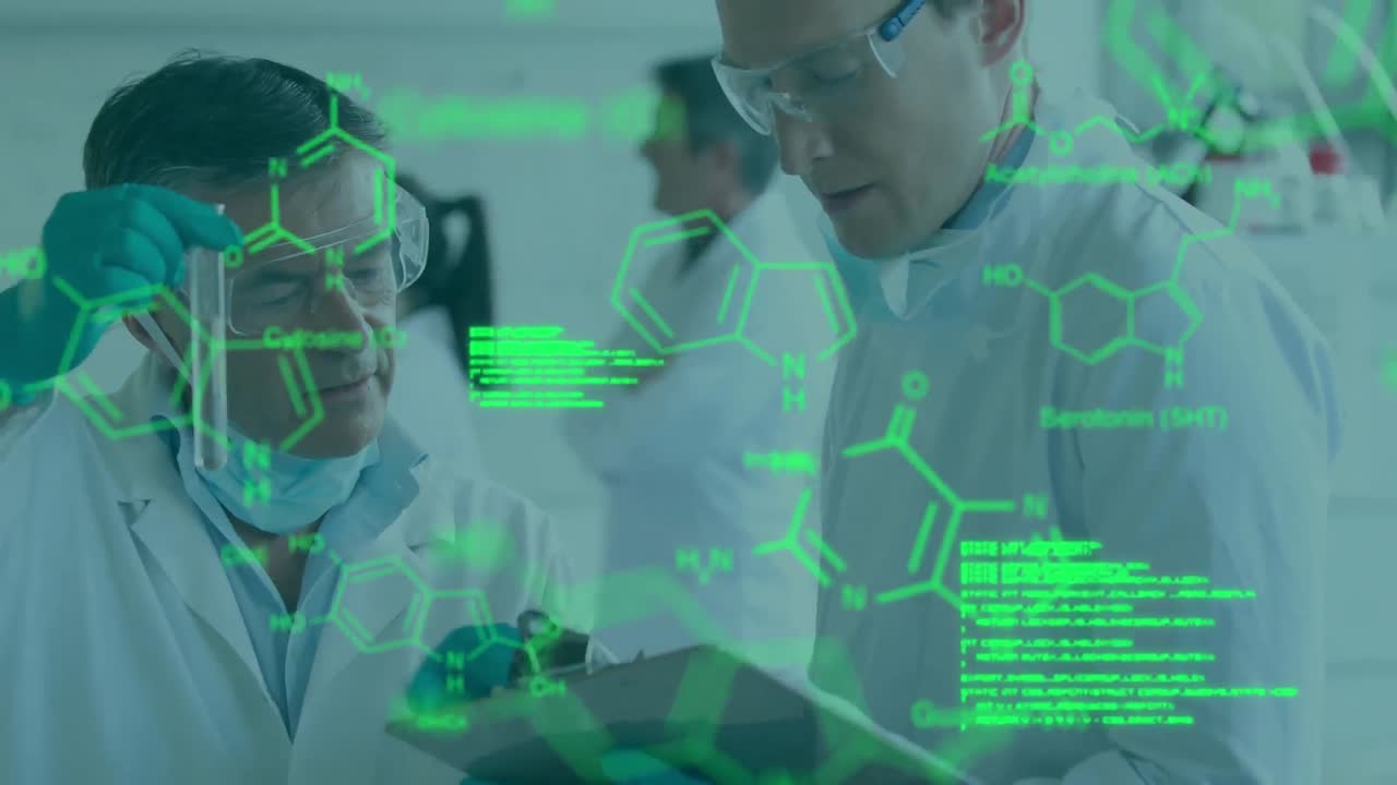 Animation of medical data processing over two caucasian male scientists working at laboratory