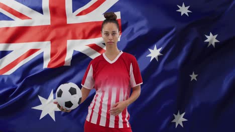 animación de una jugadora de fútbol biracial sobre la bandera de australia