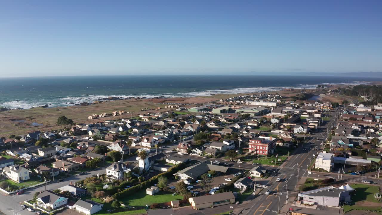 Wide rising aerial shot of Glass Beach in Fort Bragg, California. 4K