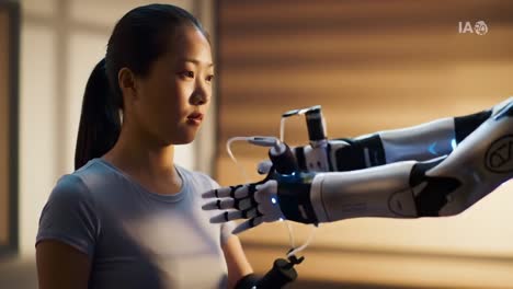 exploring human-robot interaction: a female subject engages with a robotic arm in a futuristic environment showcasing technological advancement